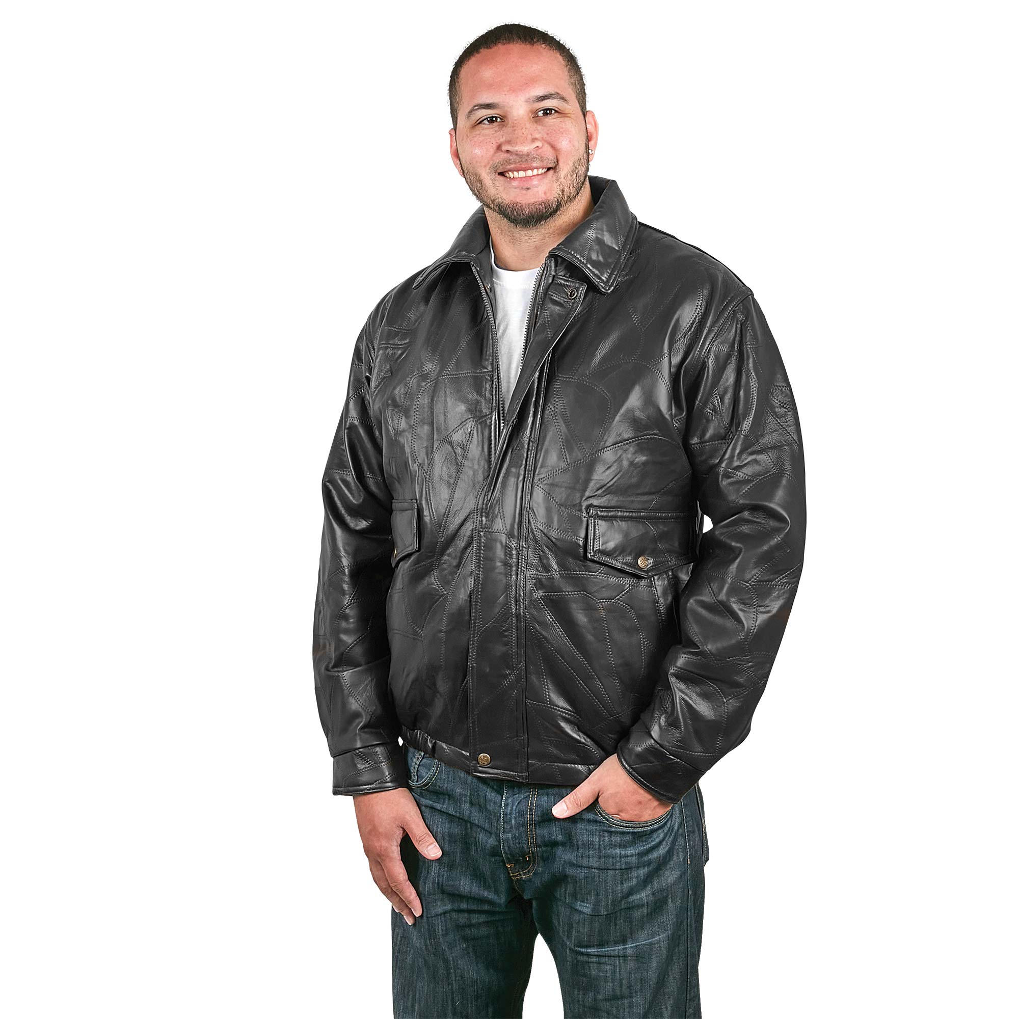 Black Patch Leather Bomber Jacket