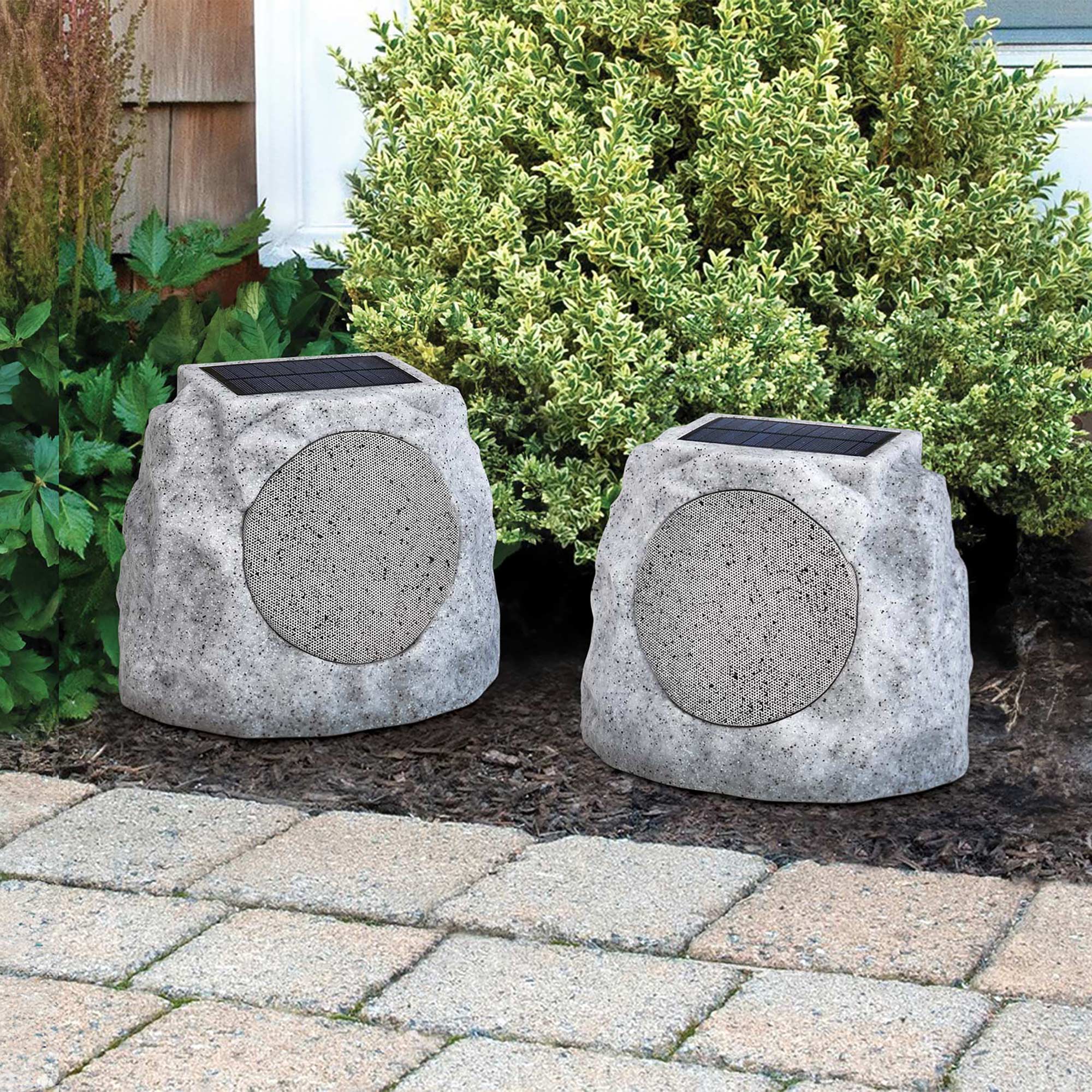 Discreet Outdoor Solar-Powered Rock Speakers - Pair