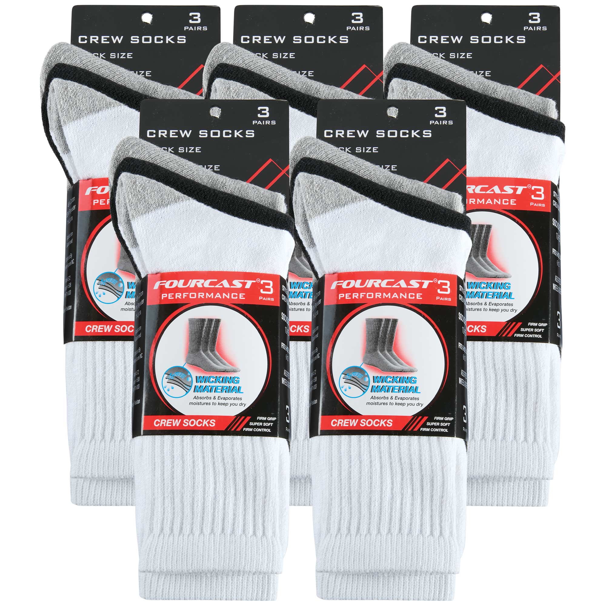 Men's Moisture-Wicking Crew Socks - 15 Pack (Black, White, Grey)